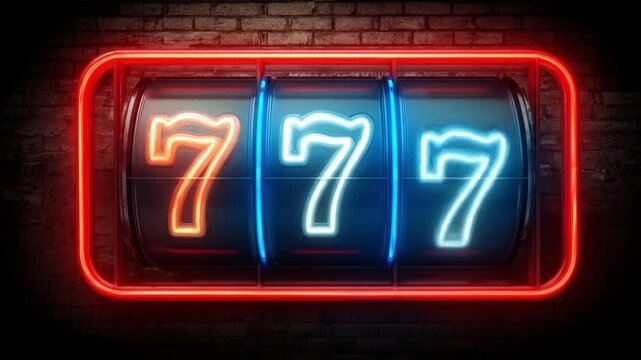Neon-lit slot machine reels show two blue sevens and a red seven, framed by a red glow. A neon glow