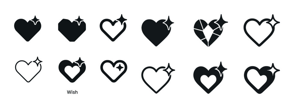Various heart icon designs with stars and wishes in black and white