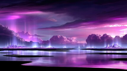 A surreal, futuristic cityscape with glowing lights emanates from islands across a reflective body of water, under a dramatic sky filled with purple clouds and