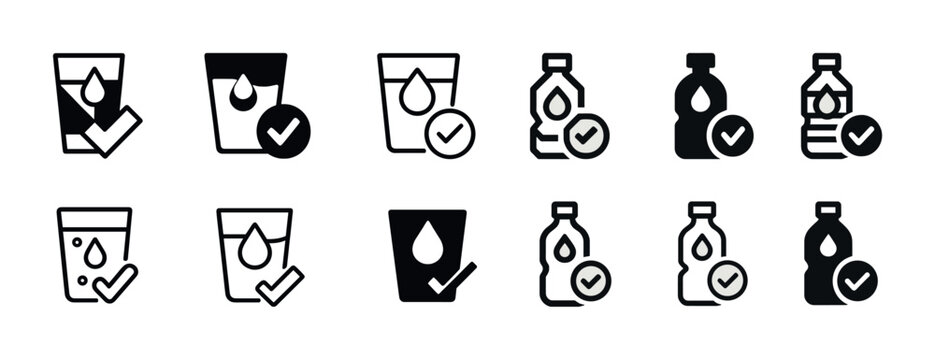 Essential water icon set featuring glasses and bottles with check marks
