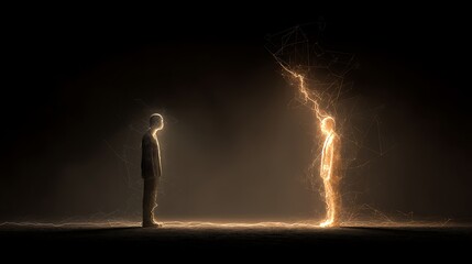 two human figures standing apart, connected by faint glowing threads breaking in the middle, metaphor of fragile connection, surreal emotional lighting, v7 