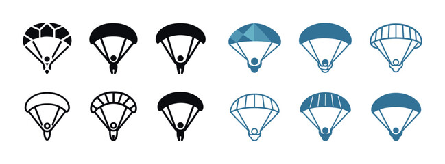 Paragliding icon set: diverse parachute designs in blue and black variants