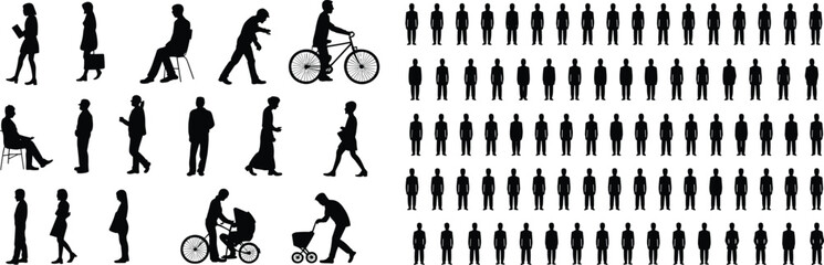Silhouettes of diverse individuals and uniform crowd, posture variation, activity contrast, population concept, social behavior illustration