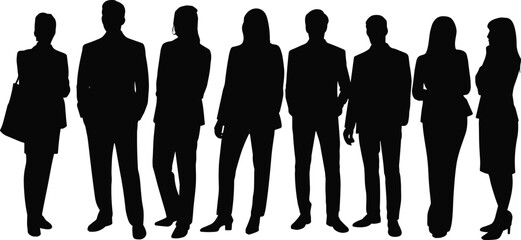 Silhouettes of eight business professionals in formal attire, workplace posture, corporate gesture, diversity illustration, team concept