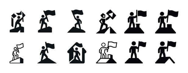 Achievement icons set: diverse silhouettes with flags on peaks