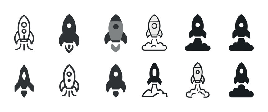 Rocket ship icons collection: diverse designs and styles in black and white