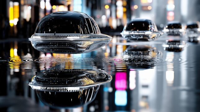 A futuristic cityscape at night with sleek, hovering vehicles driving on a wet street, reflecting the vibrant neon lights of surrounding buildings. - Powered by Adobe