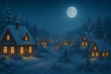 Cozy village under a full moon on a winter night
