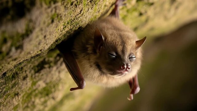 A charming small bat hangs upside down, its soft, light brown fur and large, inquisitive eyes capturing attention in a detailed close-up. Perched gently on a moss-covered rock surface, this fascinatin