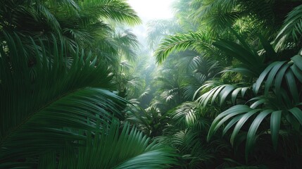 Obraz premium Lush Green Tropical Jungle with Dense Foliage and Sunlight Filtering Through Palm Leaves in Vibrant Nature Scene