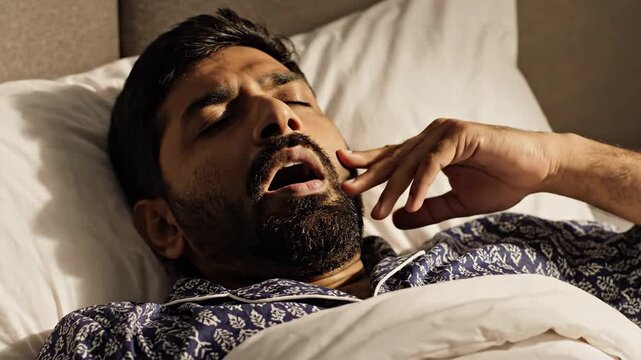 Man suffering from sleep apnea, snoring loudly in bed, struggling to breathe, and waking up frequently during the night. - Powered by Adobe