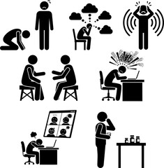 Anxiety, Work Burnout, and Psychological Distress Pictogram Set