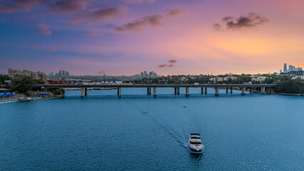 Fototapeta premium Aerial Panorama Drone view of Parramatta River Sydney Harbour between Balmain Gladesville Birkin Head Point and Roselle on the Bay Run Sydney NSW Australia
