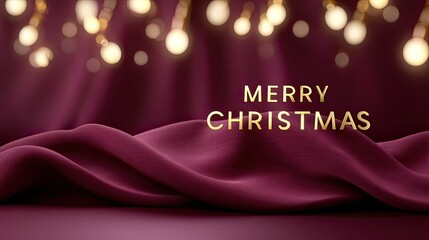 Elegant Merry Christmas Greeting with Rich Burgundy Fabric and Sparkling Lights for Festive Celebration and Seasonal Joyful Spirit