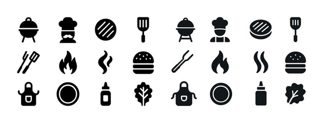 Naklejka premium Bbq icons collection: grills, chefs, burgers, and cooking utensils in black silhouettes