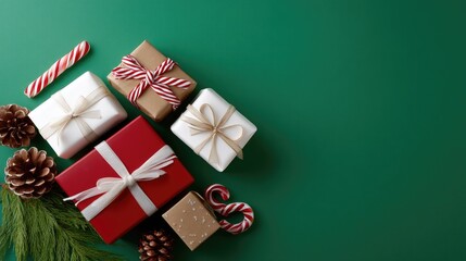 Festive Holiday Gifts Arrangement with Colorful Presents, Candy Canes, Pine Cones, and Green Backdrop for Seasonal Celebrations and Event Marketing