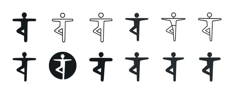 Silhouette and outline pictograms of human figure in tree pose - Powered by Adobe