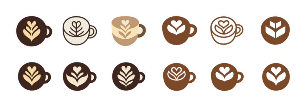 Set of coffee cup icons with latte art designs in various styles - Powered by Adobe