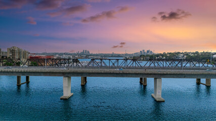 Fototapeta premium Aerial Panorama Drone view of Parramatta River Sydney Harbour between Balmain Gladesville Birkin Head Point and Roselle on the Bay Run Sydney NSW Australia