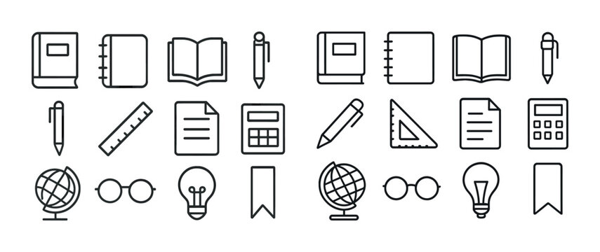 Minimalist icon set of stationery and school supplies