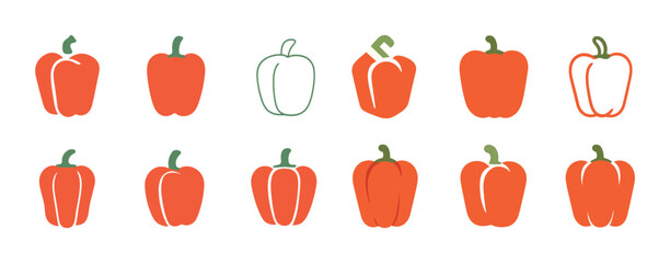Variety of red bell pepper illustrations on white background