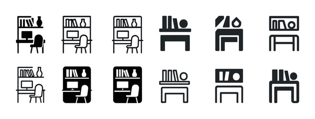 Office desk and bookshelf icons set in various styles