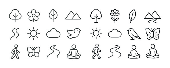 Obraz premium Minimalist nature and meditation icon set featuring trees, flowers, animals, and yoga poses