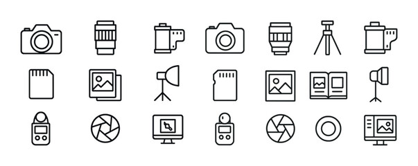 Photography equipment icons: camera, lens, tripod, lighting, memory card