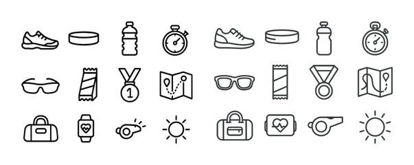Naklejka premium Fitness and sports icons: shoes, stopwatch, map, medal, goggles, sports bag
