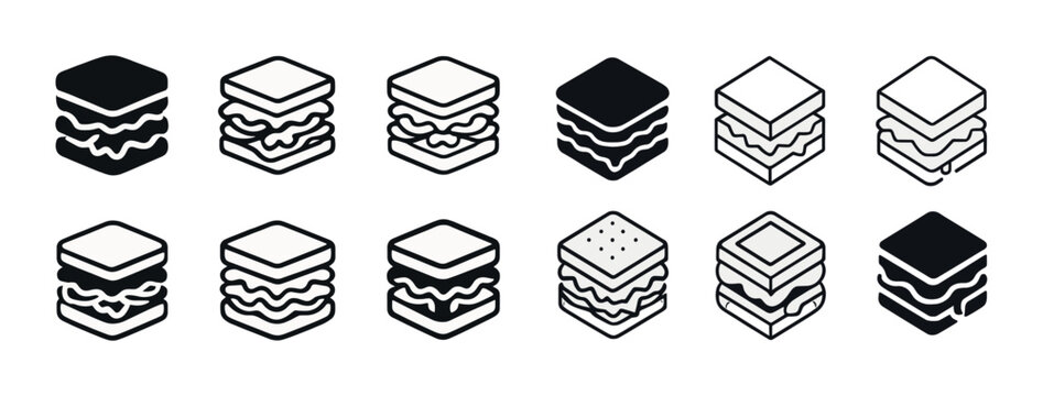 Set of black and white sandwich icons in various styles