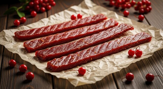 Close up of appetizing beef jerky strips on paper