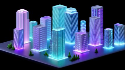 Obraz premium Futuristic Cityscape Visualization with Neon Lights and Glowing Skyscrapers Set Against a Dark Background, Perfect for Technology and Urban Themes
