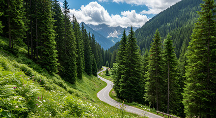 Winding Road through Lush Green Pine Forest and Mountains, Alpine Landscape: Scenic Road in the Dolomites, Driving Through Dense Conifer Trees and High Peaks, Summer Journey in a Mountain Wilderness,