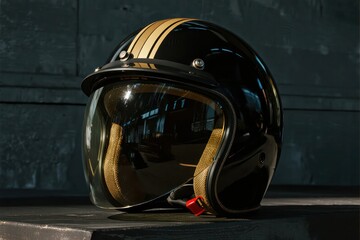 Fototapeta premium Stylish Motorcycle Helmet with Visor and Gold Stripes for Riders