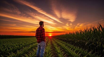 Fototapeta premium Farmer Standing in a Cornfield Looking at a Sunset