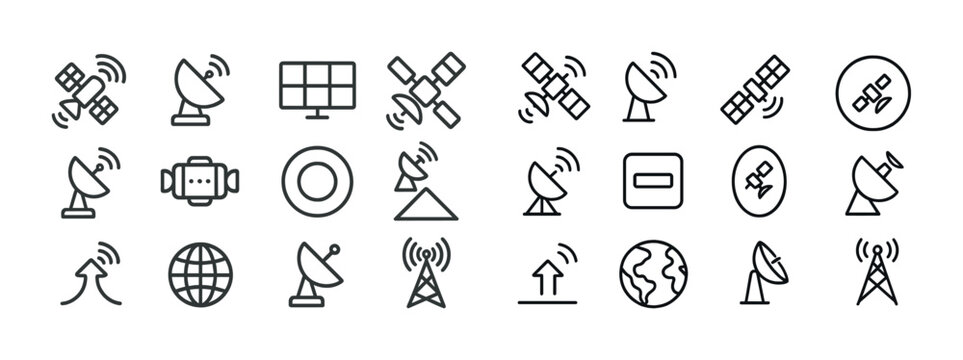 Satellite and communication icon set featuring antennas and earth symbols