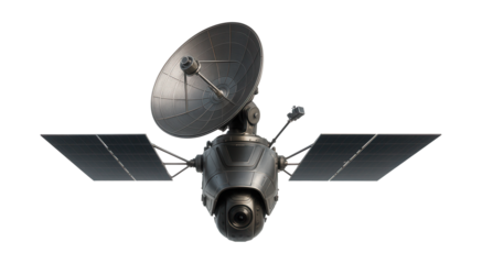 Satellite for Earth observation featuring a large gimbal-mounted dish antenna.