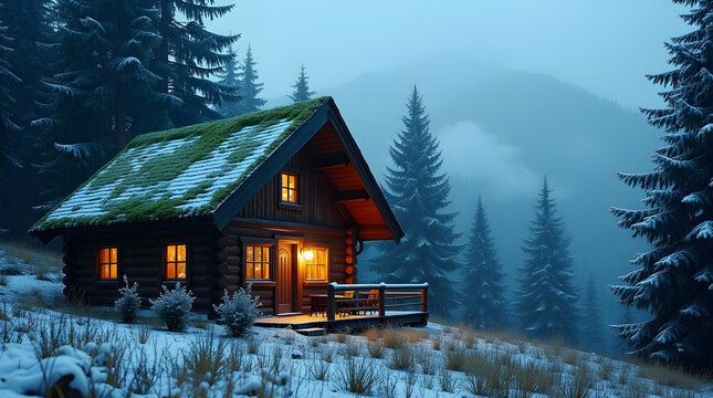 Cozy Log Cabin in Snowy Mountain Forest at Dusk - Powered by Adobe