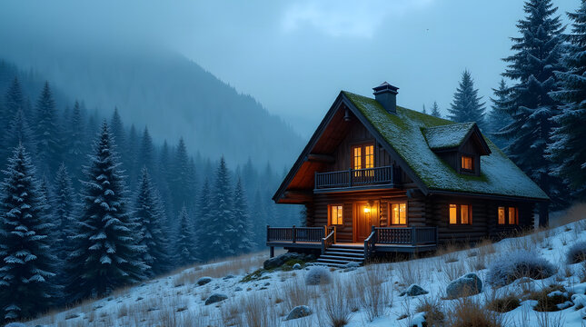 Cozy Log Cabin in Snowy Mountain Forest at Dusk - Powered by Adobe