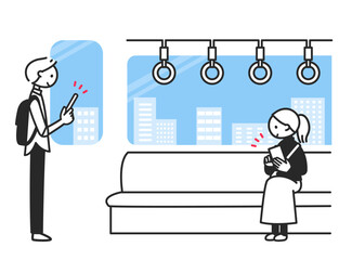 電車でスマホを楽しむ男女・通勤中のスキマ時間活用のイメージ