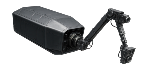 Satellite featuring a rectangular design and an extended arm for sensor placement.