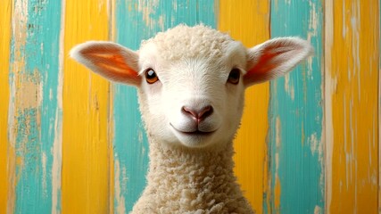 Cute sheep portrait against colorful wooden backdrop