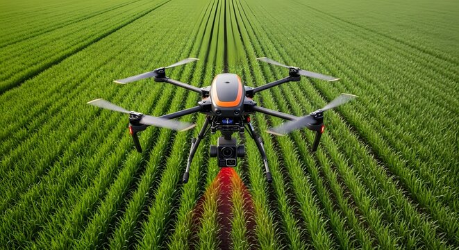 Agricultural technology drone monitoring lush green fields for precision farming solutions and crop management
