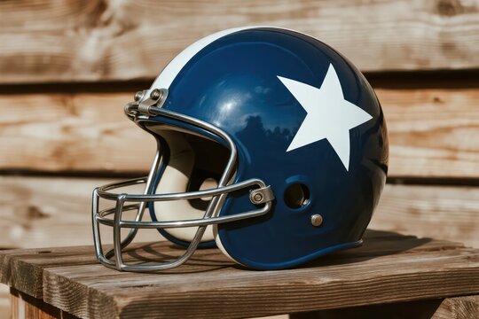 Football Helmet with Star on Wood Surface in Outdoor Setting - Powered by Adobe