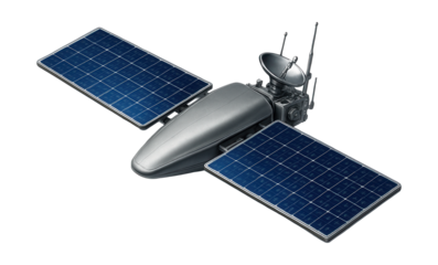 Flat satellite featuring solar cells and a visible communication relay system.