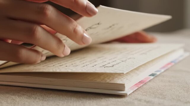 Woman's Hands Gently Turning Pages of a Vintage Diary With Handwritten Script