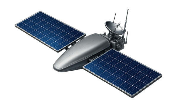 Flat satellite featuring solar cells and a visible communication relay system.