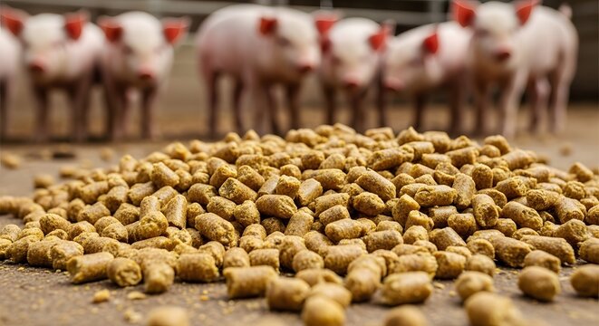 Piglets behind pile of feed on farmyard - agriculture, animal husbandry, livestock farming
