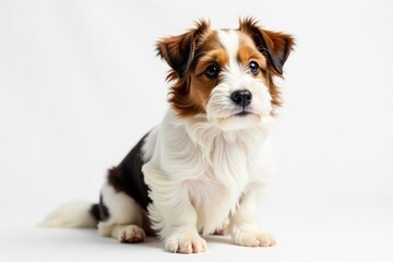 Long-haired Jack Russell terrier, fluffy fur, white backdrop, paws, playful, animal photography