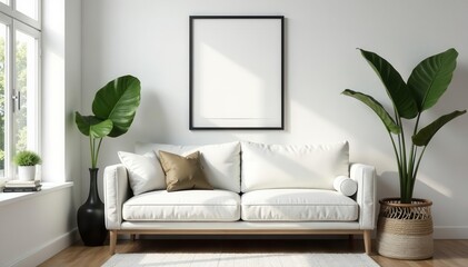 Modern Scandinavian living room with black poster frame, leaf in vase, rattan basket, books, and elegant accessories , template, living room, black frame